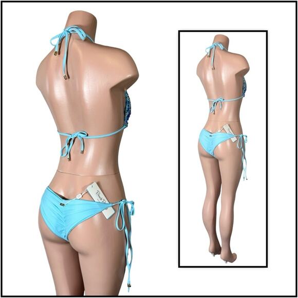 Beach Bunny Blue Icon Triangle Top & Icon Tie Side Skimpy Bottom $250 - Picture 7 of 12
